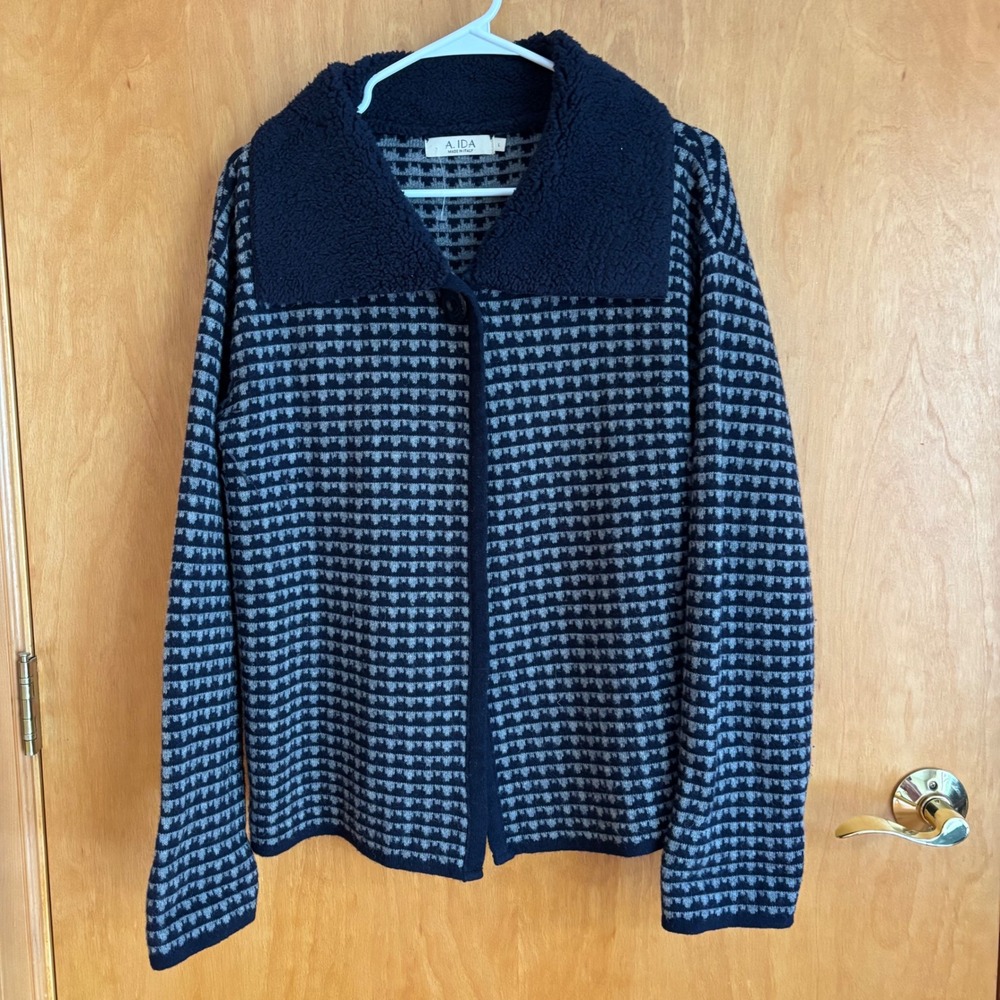 A. IDA‎ Made In Italy Wool Blend Cardigan Faux Fur Collar Womens Sz L